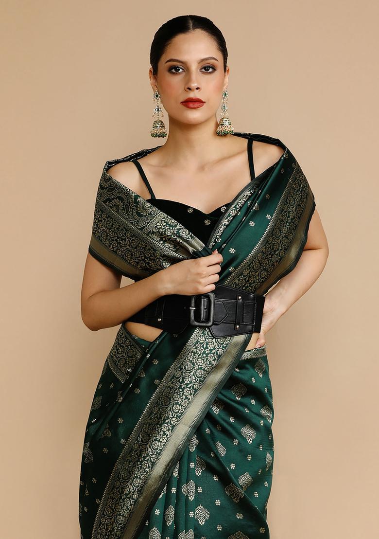 Green Woven Jacquard Saree Set - Indya