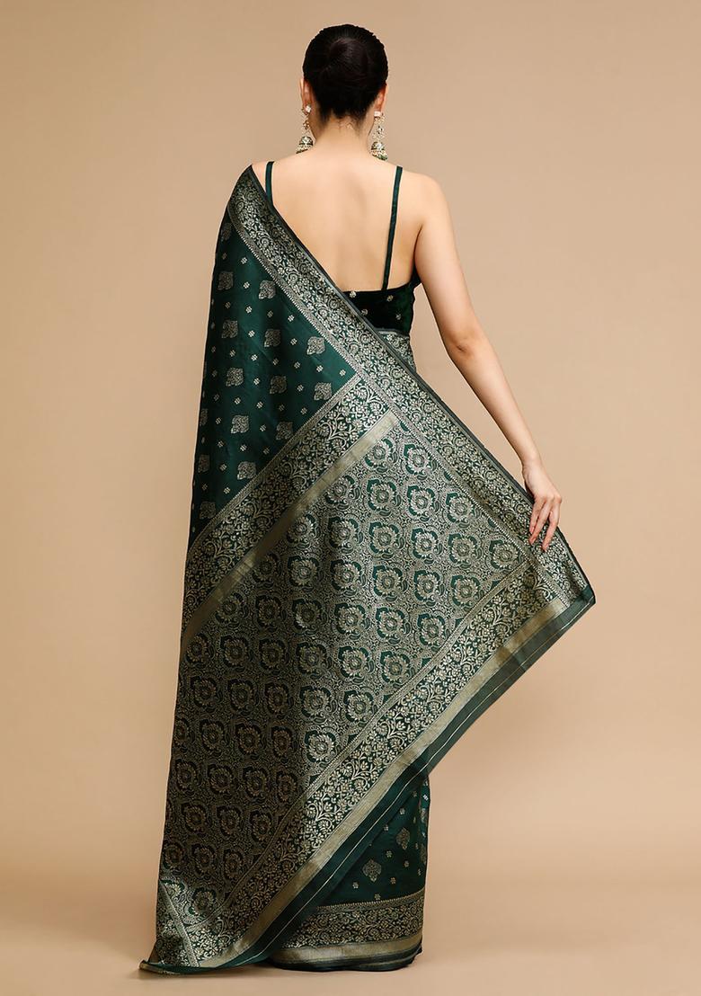 Green Woven Jacquard Saree Set - Indya