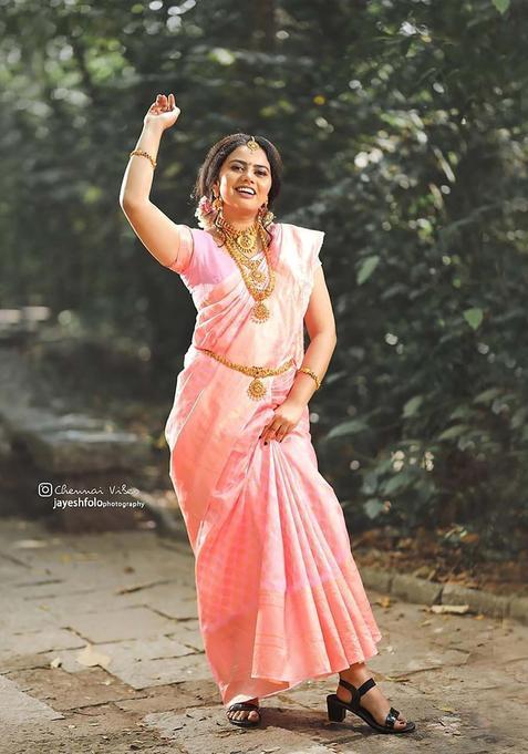 Pink Woven Silk Saree Set