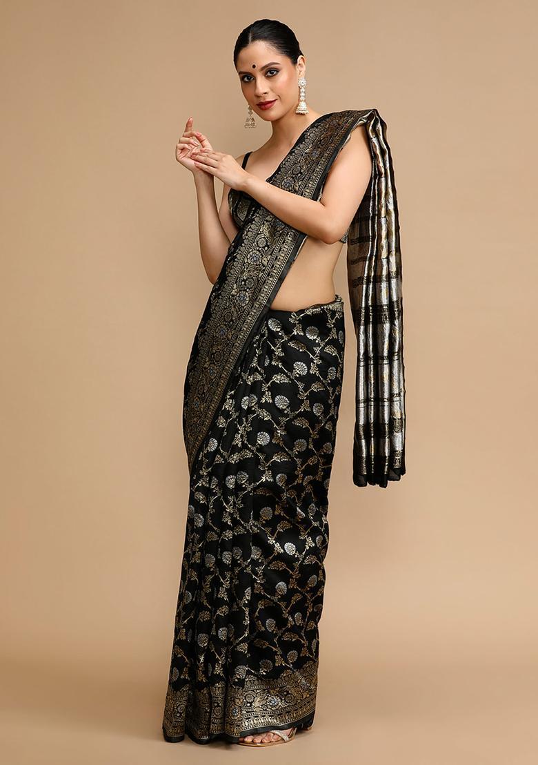 Black Woven Jacquard Saree Set - Indya