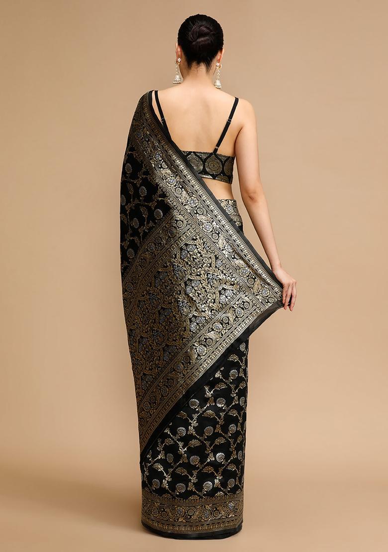 Black Woven Jacquard Saree Set - Indya