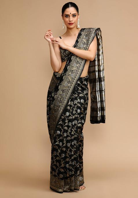 Black Woven Jacquard Saree Set
