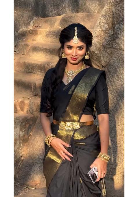 Black Printed Jacquard Saree Set