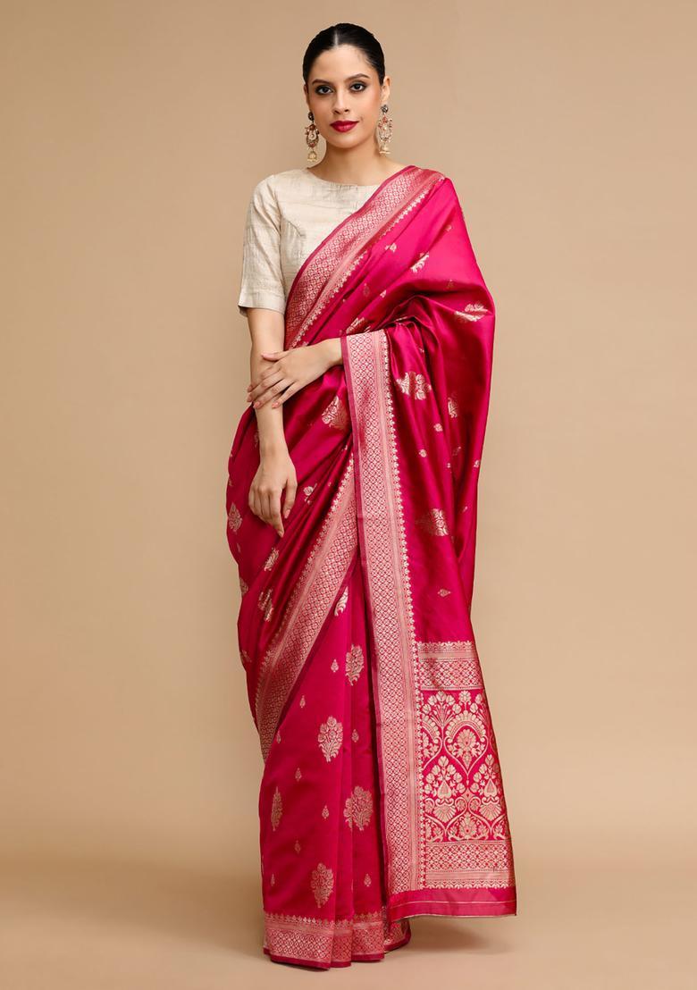 Pink Woven Jacquard Saree Set - Indya