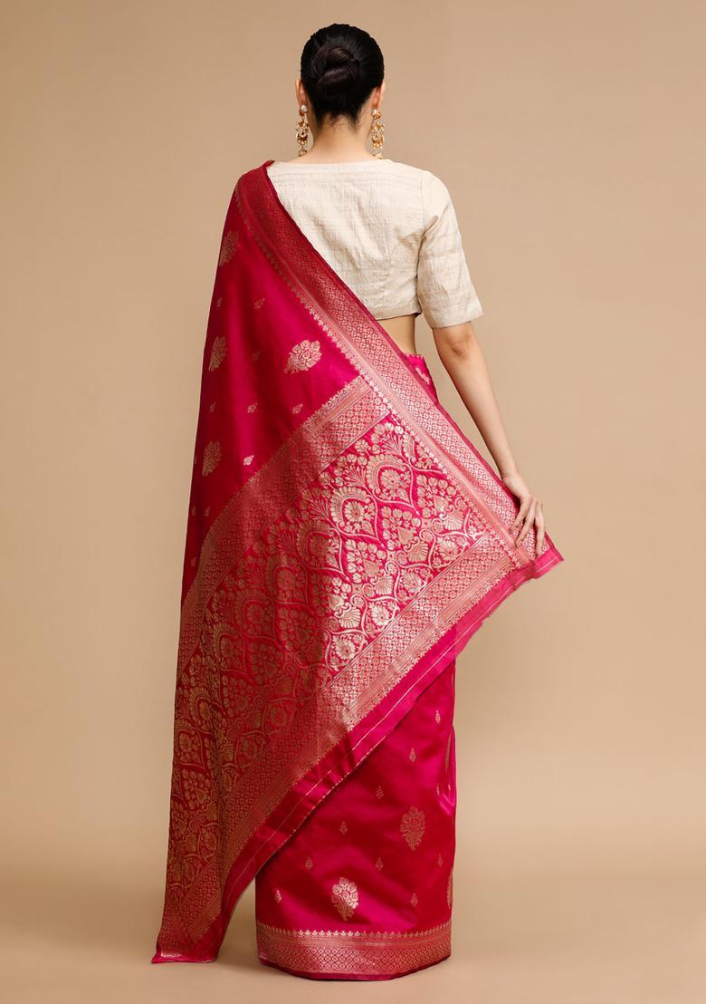 Pink Woven Jacquard Saree Set - Indya