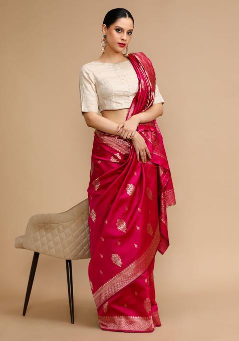 Pink Woven Jacquard Saree Set