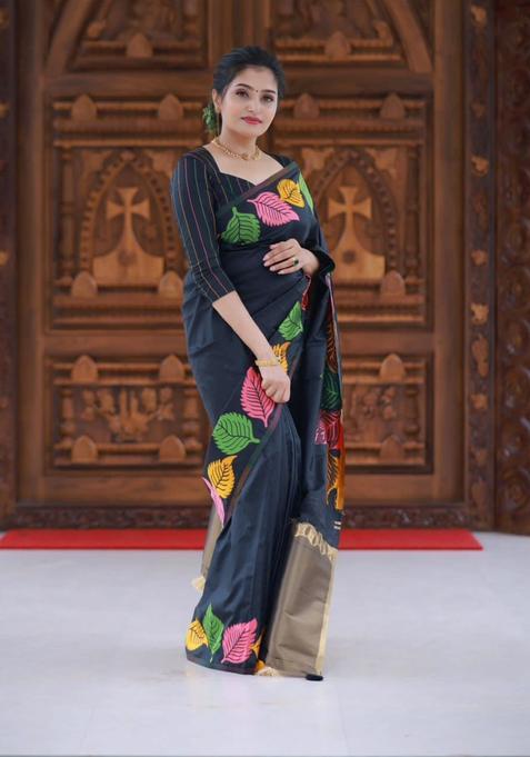 Black Printed Jacquard Saree Set