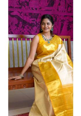 Cream Woven Jacquard Saree Set