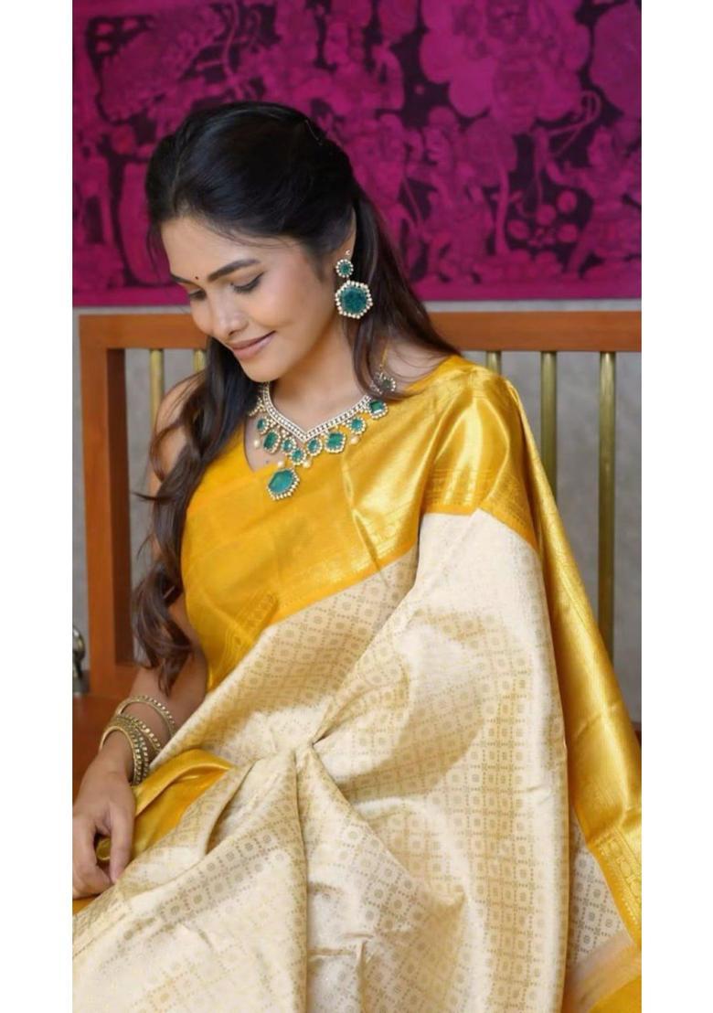 Cream Woven Jacquard Saree Set - Indya