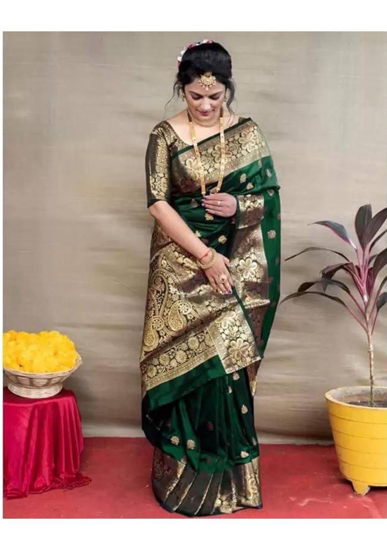 Green Printed Jacquard Saree Set - Indya