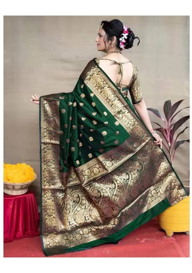 Green Printed Jacquard Saree Set - Indya