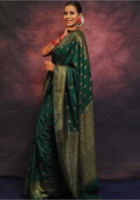 Green Printed Jacquard Saree Set