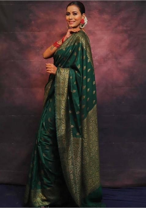 Green Printed Jacquard Saree Set