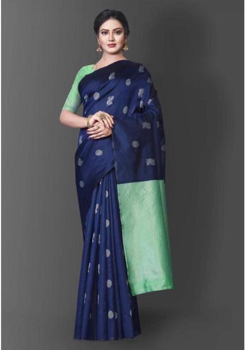Blue Woven Silk Blend Saree Set