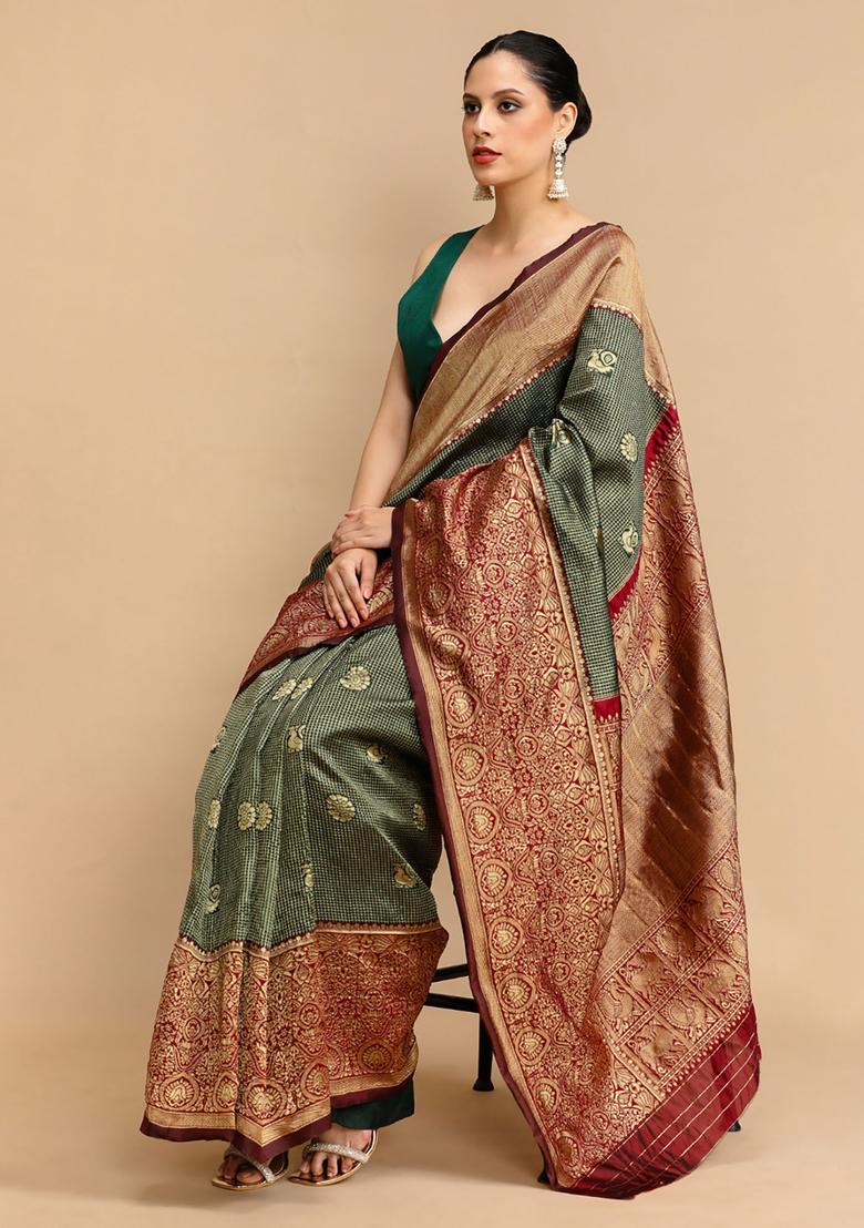 Green Woven Jacquard Saree Set - Indya