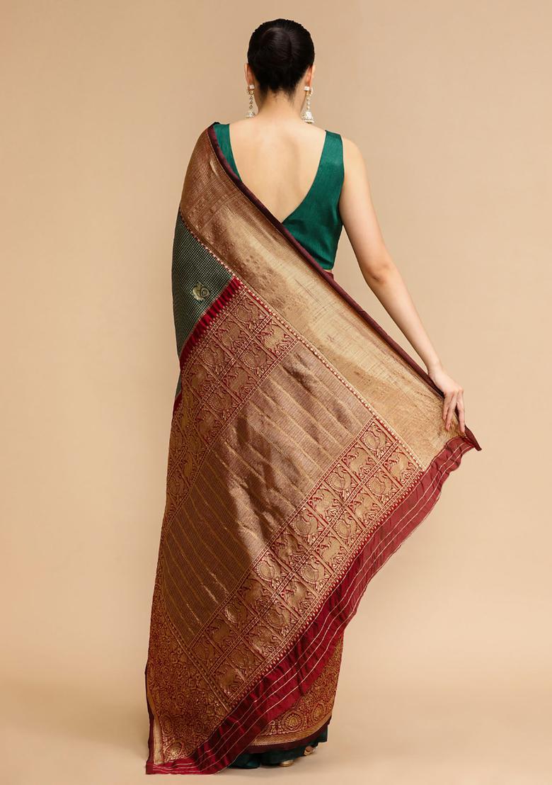 Green Woven Jacquard Saree Set - Indya