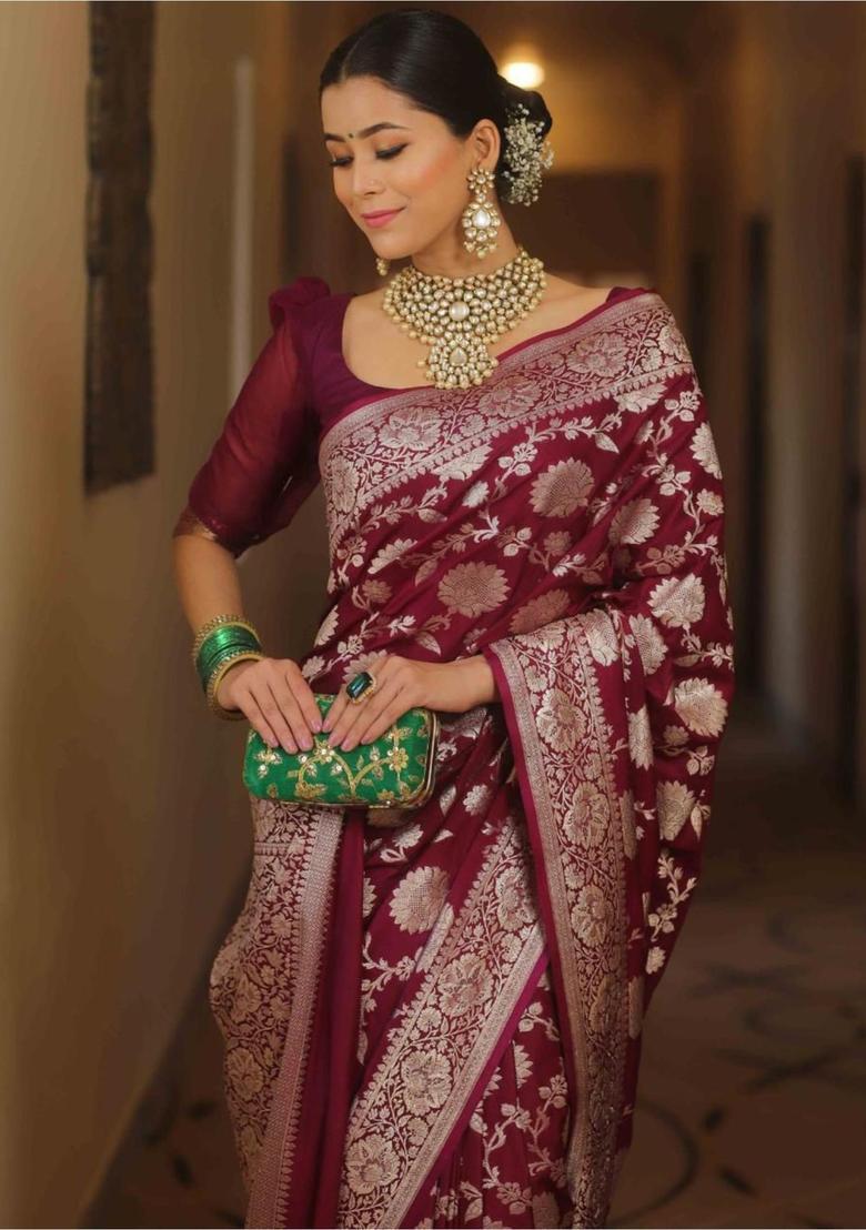 Wine Woven Jacquard Saree Set - Indya
