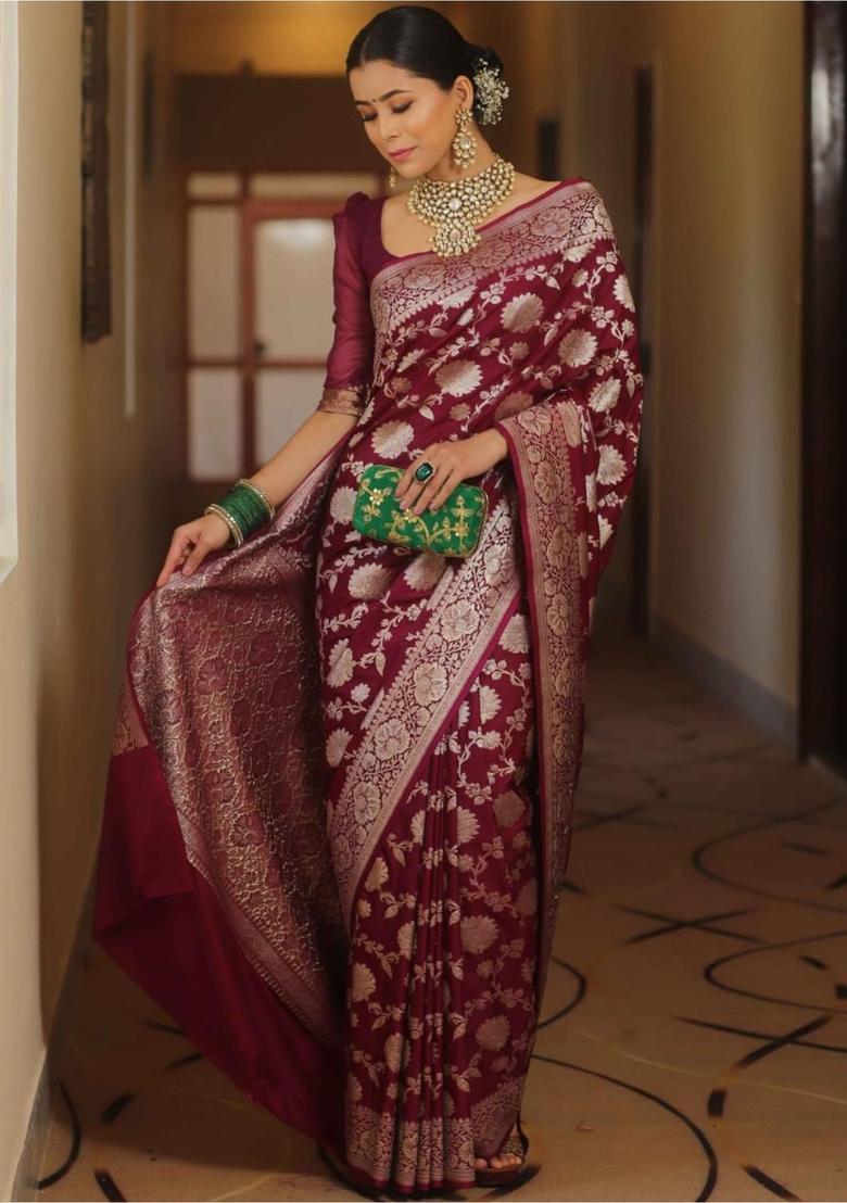 Wine Woven Jacquard Saree Set - Indya