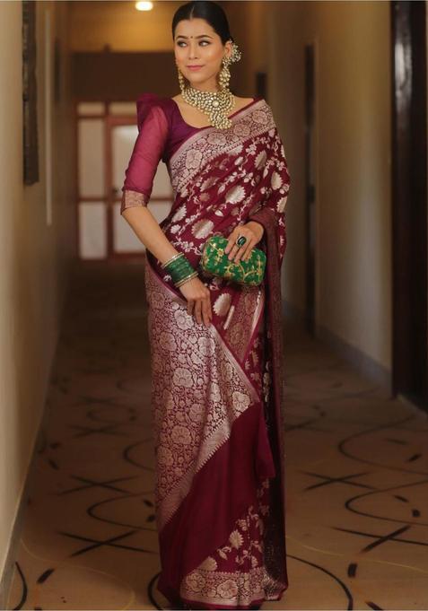 Wine Woven Jacquard Saree Set