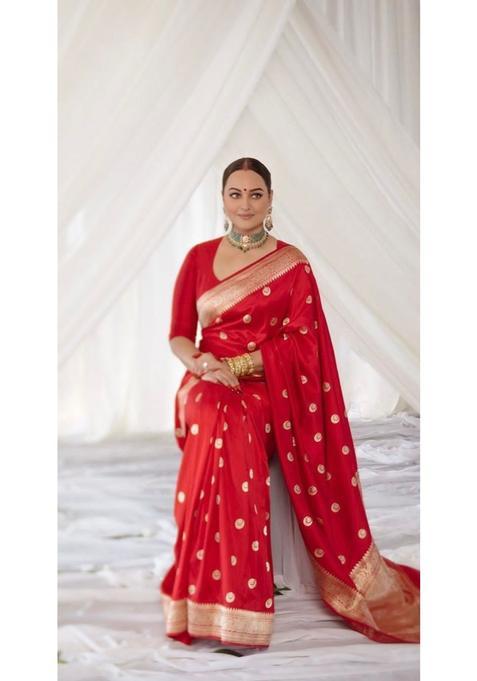 Red Woven Jacquard Saree Set