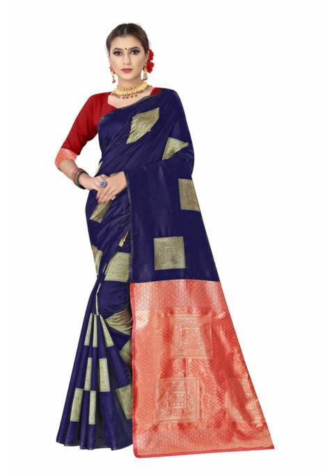 Blue Colorblock Silk Blend Saree Set