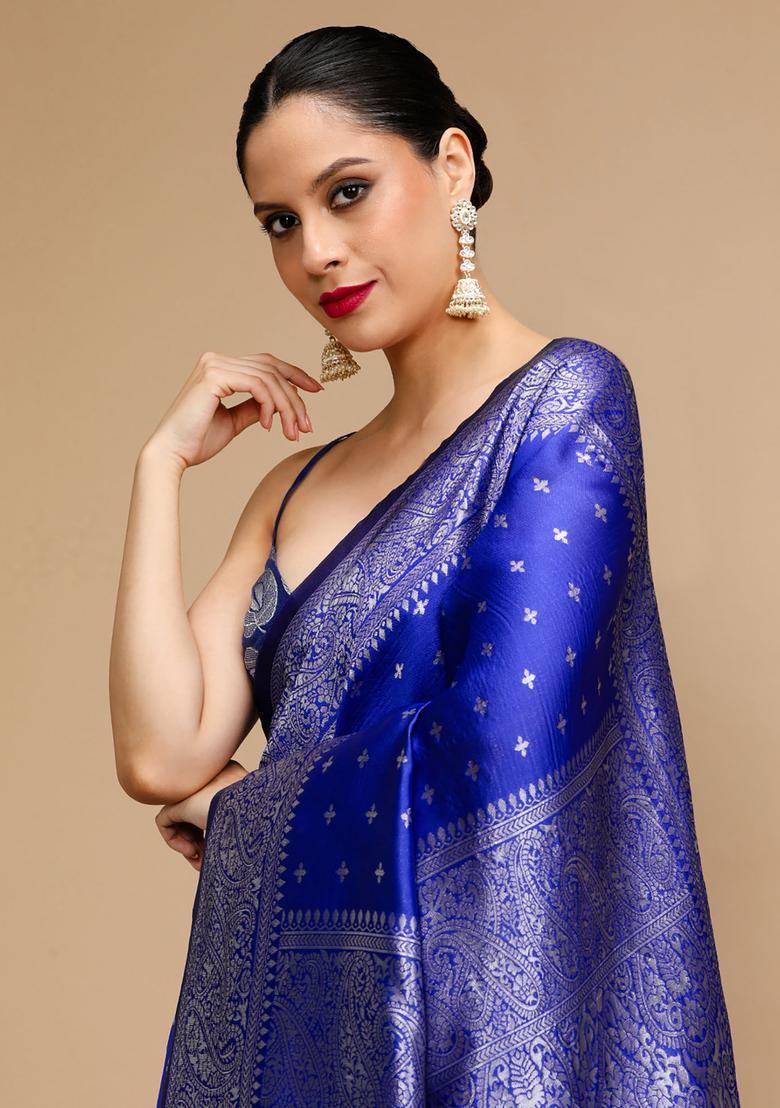 Blue Woven Jacquard Saree Set - Indya