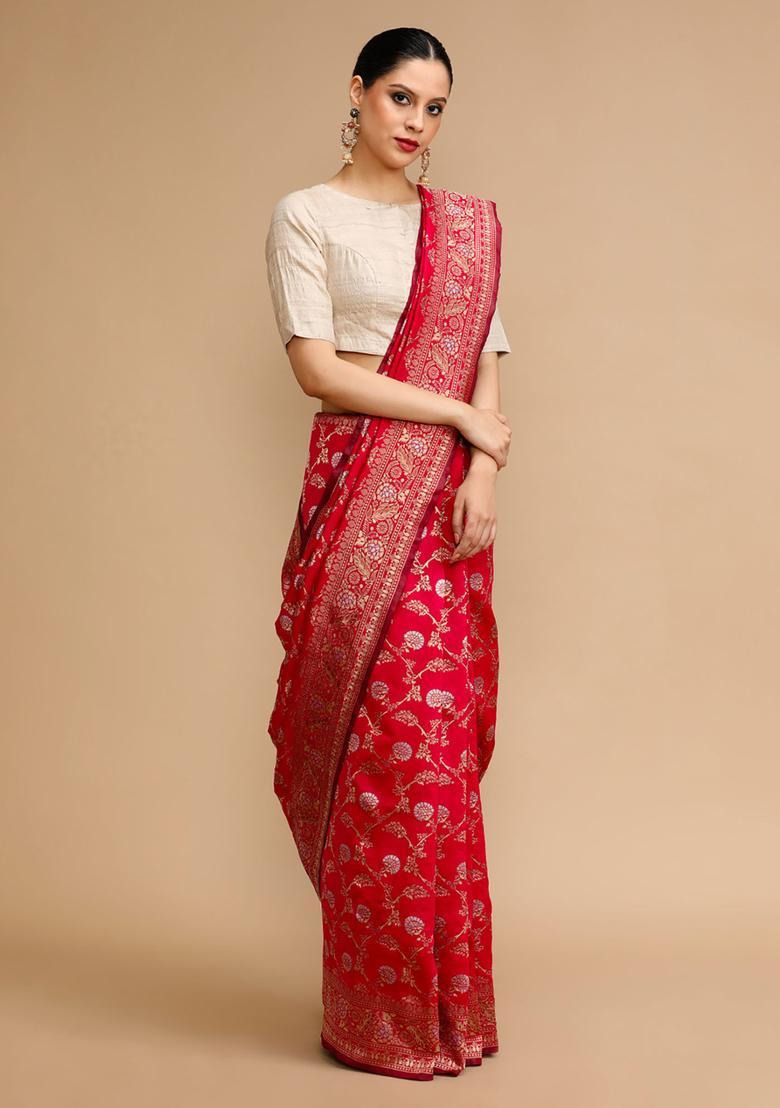Pink Woven Jacquard Saree Set - Indya