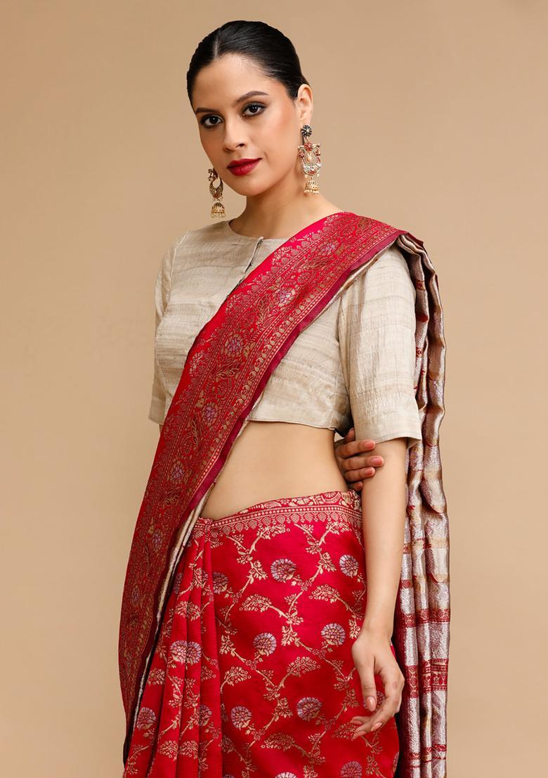 Pink Woven Jacquard Saree Set - Indya