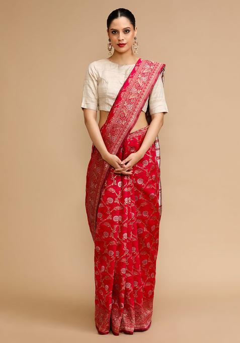 Pink Woven Jacquard Saree Set