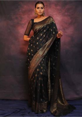 Black Printed Jacquard Saree Set