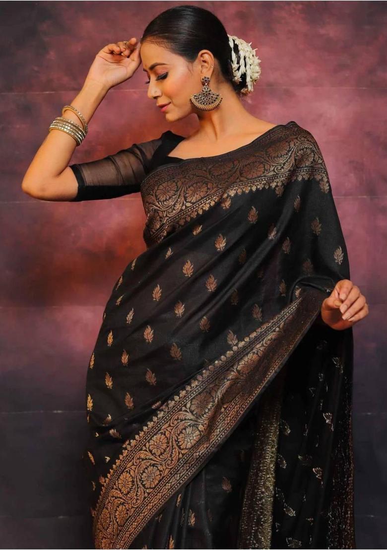 Black Printed Jacquard Saree Set - Indya