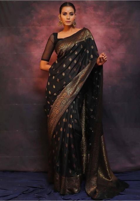 Black Printed Jacquard Saree Set