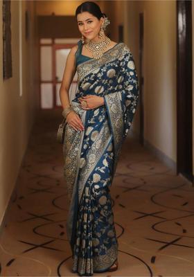 Blue Printed Jacquard Saree Set