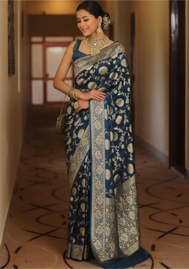 Blue Printed Jacquard Saree Set - Indya