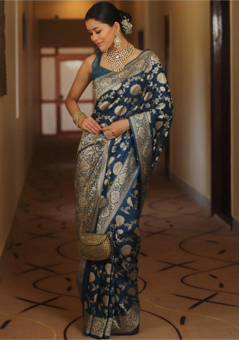 Blue Printed Jacquard Saree Set - Indya