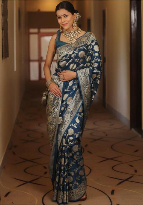 Blue Printed Jacquard Saree Set