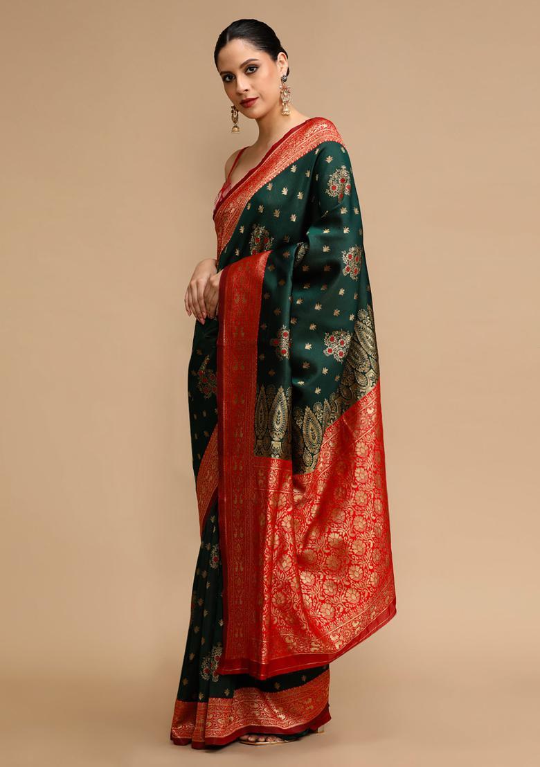 Green Woven Jacquard Saree Set - Indya