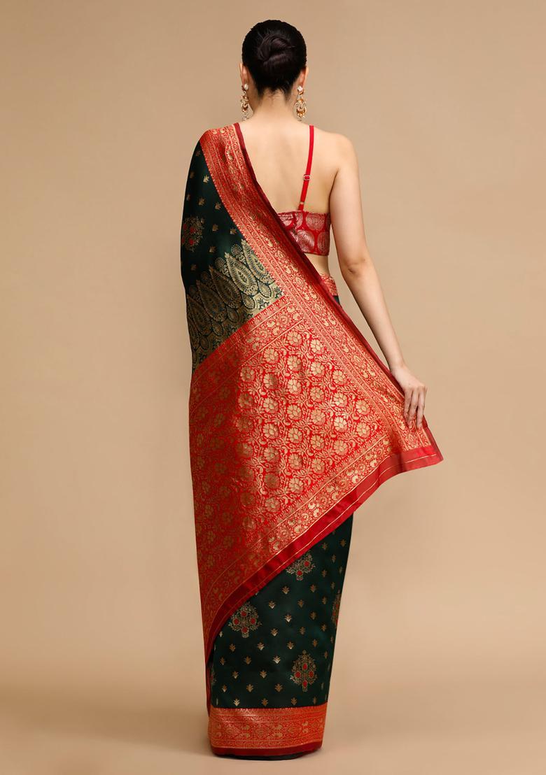 Green Woven Jacquard Saree Set - Indya