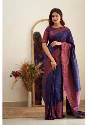 Navy Blue Printed Jacquard Saree Set