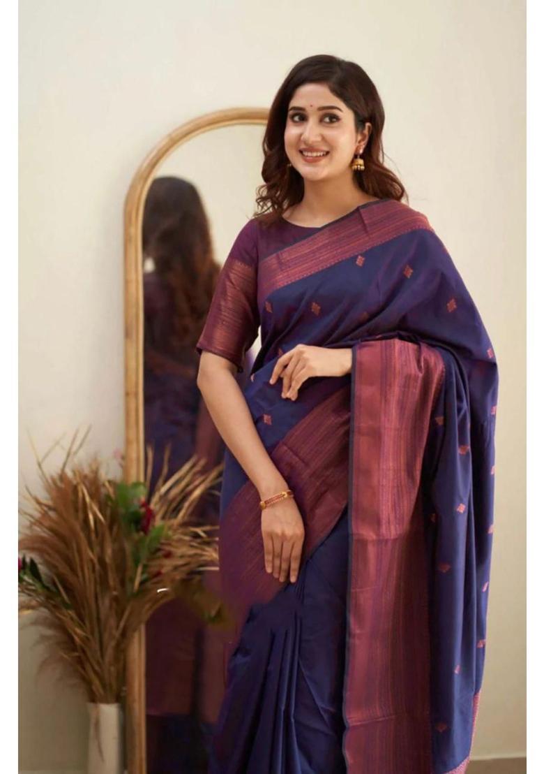 Navy Blue Printed Jacquard Saree Set - Indya