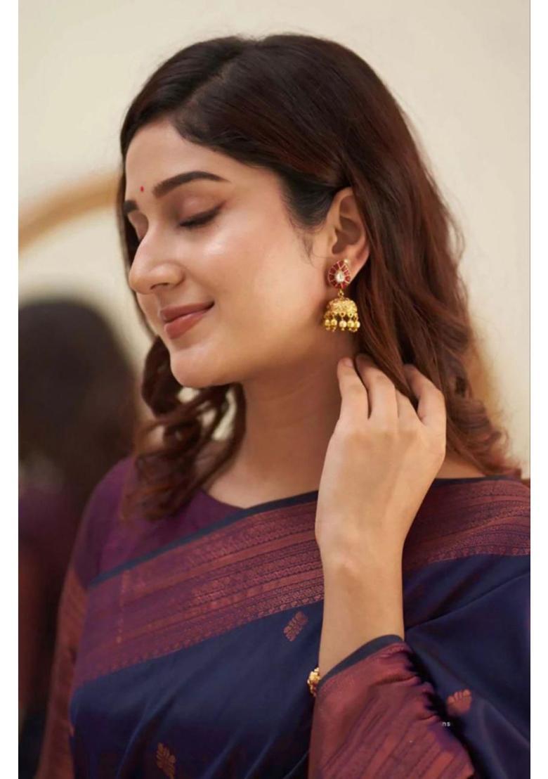 Navy Blue Printed Jacquard Saree Set - Indya