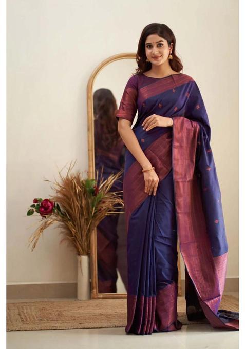 Navy Blue Printed Jacquard Saree Set