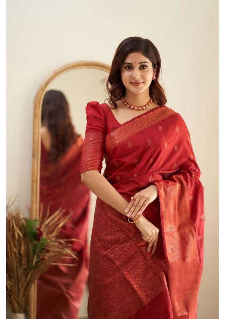 Red Printed Jacquard Saree Set - Indya