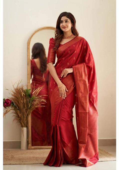 Red Printed Jacquard Saree Set