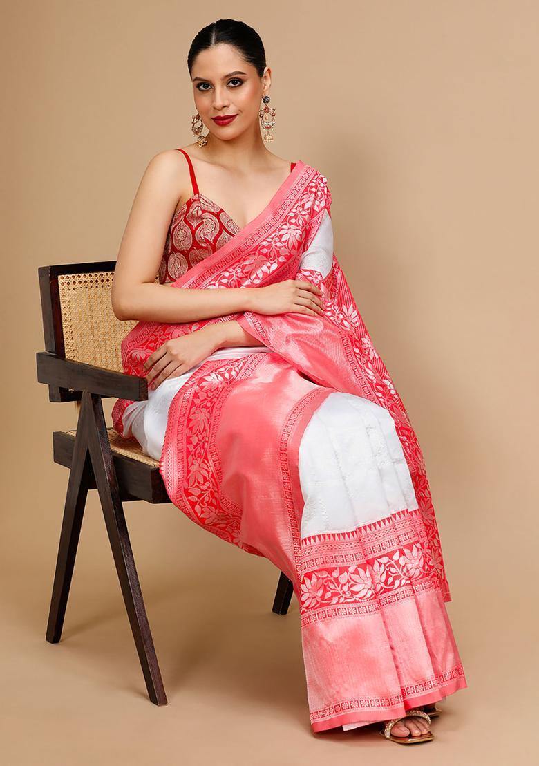White Woven Jacquard Saree Set - Indya
