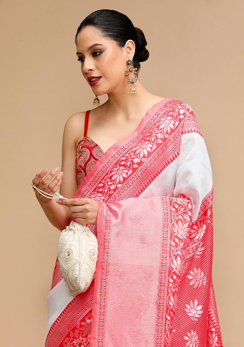 White Woven Jacquard Saree Set - Indya