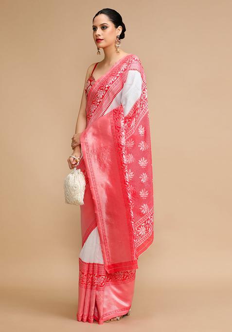 White Woven Jacquard Saree Set