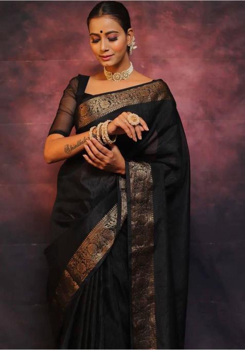 Black Printed Jacquard Saree Set