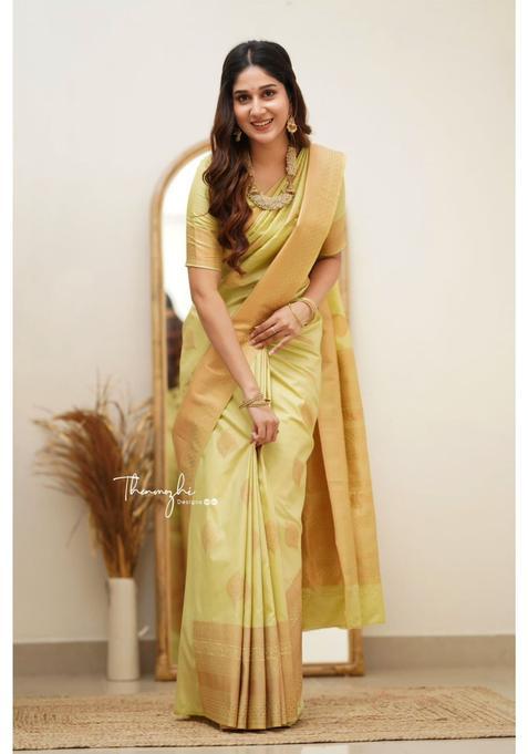 Yellow Woven Jacquard Saree Set