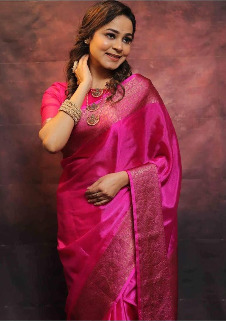 Pink Printed Jacquard Saree Set - Indya